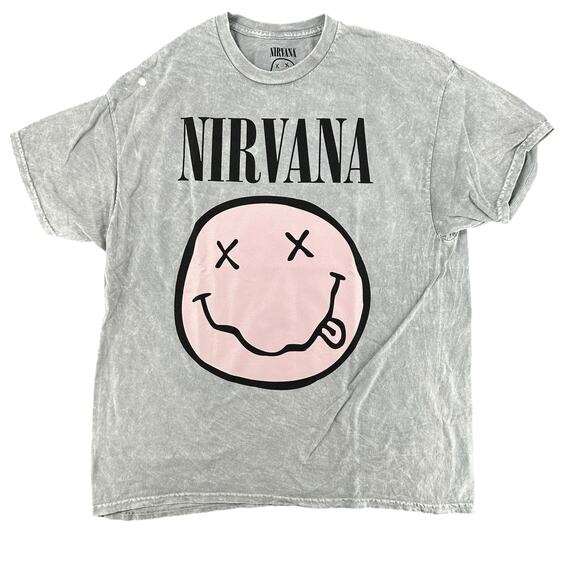 Nirvana Grunge 90s Rock Band Women’s T-Shirt Gray Pink Smiley Face 1X Retro - Picture 1 of 4